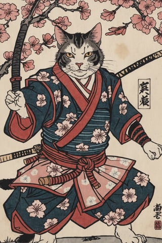 Detailed  closeup ukiyo-e artwork , of an cat samurai, Cherry Blossoms, epic pose ,Ukiyo-e,anthro