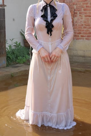 Dripping wet, blonde, braided hair,victorian dress,soakingwetclothes