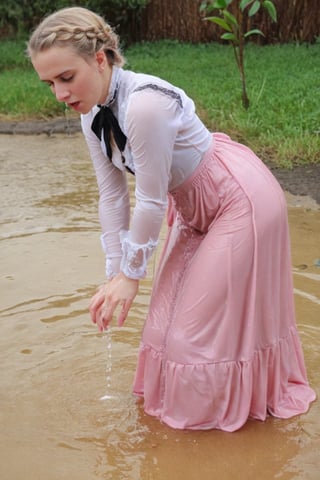 Dripping wet, blonde, braided hair,victorian dress,soakingwetclothes