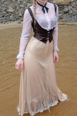 Dripping wet, blonde, braided hair,victorian dress,soakingwetclothes