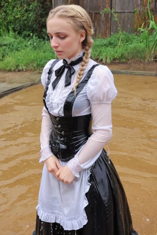 Maid, Dripping wet, blonde, braided hair,victorian dress,soakingwetclothes