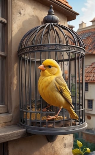 Old beautiful village, cartoon, a canary in a cage outside the window, stylized, clear focus, cartoon photo, intricate details, highly detailed,