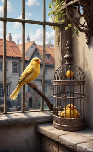 Old beautiful village, cartoon, a canary in a cage outside the window, stylized, clear focus, cartoon photo, intricate details, highly detailed,