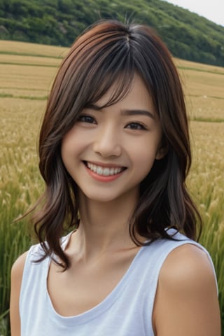 best quality, 8k, 8k UHD, ultra realistic, ultra detailed, hyperdetailed photography, real photo, realistic eyes, solo female, beautiful, japanese, detailed hair, photo r3al, outdoors, detailed face, 25 years old, smile, natural beauty, upper body, closeup, narrow body, narrow shoulders, 