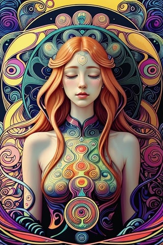ultra detailed illustration in a psychedelic style of a woman while meditating, a beautiful ginger woman with straight hair, peaceful face with closed eyes, psychedelic art deco merged with art nouveau, art by MSchiffer,leonardo