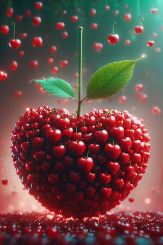 ap0l0veh3art5 style, ((red cherries)), green stem, cool atmosphere, perfect composition, ultrahigh detail, UHD, 8k wallpaper, octane render, simple colour gradient background, bokeh lights