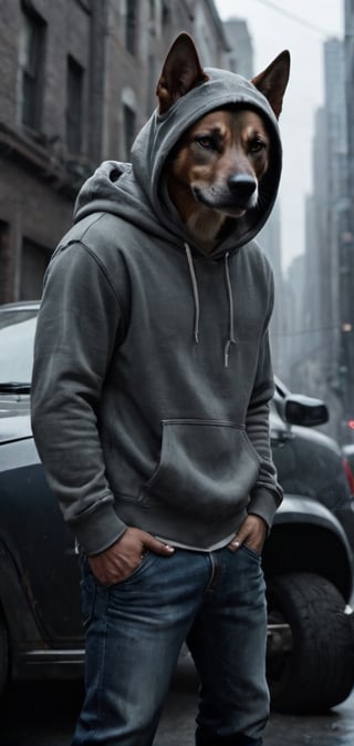Create a dog man in hoodie leaned on his car. wearing hoddie and jeans,hood covering his head , smoking , boots, city , outdoors, looking pissed, high detailed,photo r3al,Movie Still,darkart