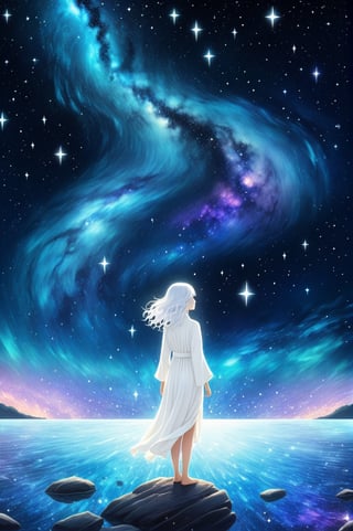 (silver,  glimmer)), contrast, phenomenal aesthetic, best quality, sumptuous artwork, (masterpiece), (best quality), (ultra-detailed), (((illustration))), ((an extremely delicate and beautiful)), (detailed light), cold theme, broken glass, broken wall, ((an array of stars)), ((starry sky)), the Milky Way, star, Reflecting the starry water surface,(1girl:1.3), awhite hair, blinking, white dress, closed mouth, constel lation, flat color, white hair, braid, blinking, white robe, barefoot, float, flat color, looking up, standing, medium hair, standing, solo, space, universe, Nebula, many stars, fanxing,bangerooo