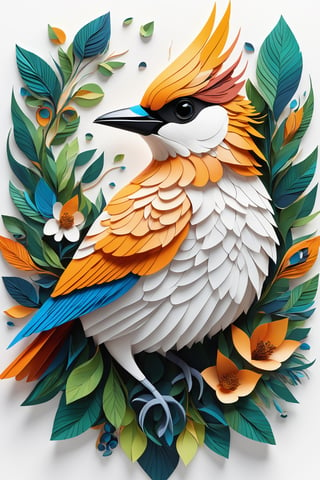 Draw a picture of an eye-catching bird and blend it with the perfect balance between art and nature, combining elements such as flowers, leaves, and other natural motifs to create unique and intricate designs with symmetry, perfect_symmetry, Leonardo style, ghost style, line_art, 3D style, white background,Pixel art,acidzlime,shards