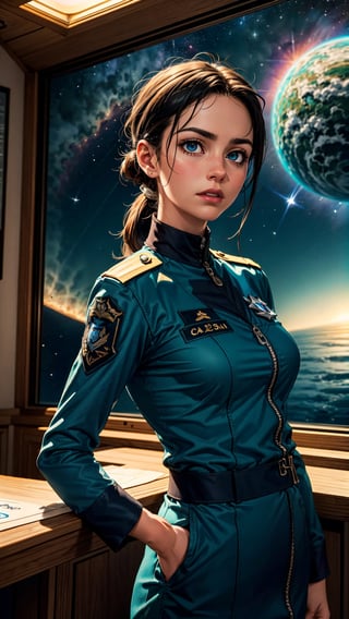 (4k), (masterpiece), (best quality),(extremely intricate), (realistic), (sharp focus), (award winning), (cinematic lighting), (extremely detailed), 

A young female captain with medium long cerulean blue hair tied into a ponytail and bright blue eyes stands on the bridge of a massive interstellar peacekeeping vessel. She is wearing a sleek black uniform with the insignia of the peacekeeping organization on her shoulders. She is looking at a monitor and issuing orders to her crew.

The bridge of the vessel is a large, open room with a commanding view of the stars. The captain stands in the center of the bridge, surrounded by her crew. They are all wearing black uniforms and are busy monitoring the ship's systems and instruments.

The captain is a tall, athletic woman with a determined expression on her face. She is clearly in charge, and her crew respects her. She is focused on her task, but she also takes a moment to glance at the stars outside the window. She is proud to be a peacekeeping captain, and she is excited to make a difference in the universe.

The image is bright and optimistic, reflecting the captain's determination and confidence. The stars in the background symbolize the vastness of space and the many possibilities that it holds. The captain is about to embark on a new peacekeeping mission, and she is ready to face any challenges that come her way.,cloud,RING