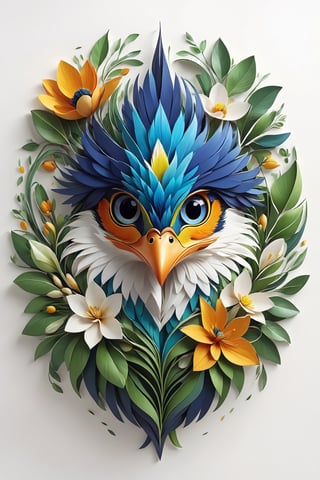 Draw a picture of an eye-catching bird and blend it with the perfect balance between art and nature, combining elements such as flowers, leaves, and other natural motifs to create unique and intricate designs with symmetry, perfect_symmetry, Leonardo style, ghost style, line_art, 3D style, white background,Pixel art,acidzlime