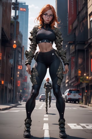 A beautiful 25 year old woman, ginger girl, hazel eyes, She has a body of a fitness model, medium breasts, glasses, serious face, hourglass body shape, slim waist, ((full-body_portrait)), wearing camo soldier combat and armor, fullbody armor, injuries, battle_stance,disgusted face,urban techwear,girl