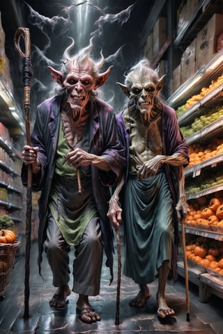 (masterpiece, best quality, highly detailed, finely detailed, high resolution, 8K wallpaper), a detailed illustration of ((an old demon married couple, male and female)), grey hair, ((with a walking stick)), ((hunchback)), wearing clothes for the elderly, shopping in a supermarket, halloween image, detailmaster2,HellAI