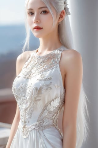 (WHITE PORTRAIT) (WHite hair girl in white dress:1.5) masterpiece , best quality , ultra detailed , "detailed background" , perfect shading , high contrast , best illumination , extremely detailed , ray tracing , realistic lighting effects , (beautiful detailed face , beautiful detailed symmetrical eyes:1.5) , one woman , full lips , light smile , longt-hair , long_white-silver_hair, (shiny__only_silver_ornates and anccessories) , (only_whiteTRANSPARENT silk dress with only silver embroidery:1.5) , best lighting , full_length_portrait , beautiful white_marble_wall background , depth_of_field,midjourney,glitter,shiny,mecha,chinatsumura