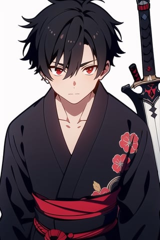 1boy, short hair, light skin tone, black hair, red eyes, yukata, sword, samurai