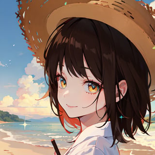 1girl, fairy tone, smile, brown hair, bobbed_hair, amber_eyes, Straw Hat 