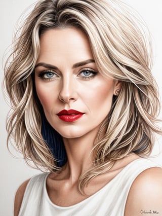 pencil Sketch of a beautiful mature woman 40 years old, with blonde short hair, messy hair, alluring, portrait by Charles Miano, ink drawing, illustrative art, soft lighting, detailed, more Flowing rhythm, elegant, low contrast, add soft blur with thin line, red lipstick, blue eyes. 