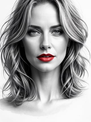 pencil Sketch of a beautiful mature woman 40 years old, with blonde short hair, messy hair, alluring, portrait by Charles Miano, ink drawing, illustrative art, soft lighting, detailed, more Flowing rhythm, elegant, low contrast, add soft blur with thin line, red lipstick, blue eyes. 