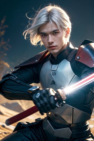 realistic, ((masterpiece)), ((best quality)), (detailed), cinematic, dynamic lighting, soft shadow, detailed background, professional photography, depth of field, intricate, detailed face, subsurface scattering, realistic hair, realistic eyes, manly, photo of a young man, mech4rmor, wearing mechanical, glowing, holding sword, saber sword, dynamic pose, fighting stance, (25 years old), white hair, cinematic background,