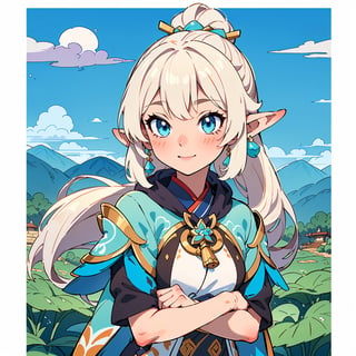 {{{{{{{{ masterpiece }}}}}}}},a elf cosplay of adventure girl costume, white hair, long hair, :), blue eyes, kawaii face, ;), portrait, , BREAK, flower sandals, elven dress, leaf-patterned cloak, leather boots, a young female anime character, white and azure, traditional techniques reimagined, subtle shades, light white and orange, style genshin impact, by genshin impact, a landscape of genshin impact mondstadt with planice and clouds, mountains blue, by mihoyo ,AGGA_ST004,