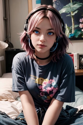 (realistic:1.4), riamuyumemi, ,riamu yumemi, ahoge, blue hair, hair intakes, multicolored hair, (multicolored eyes, blue eyes:1.1), hot pink hair, short hair, two-tone hair,BREAK,  barefoot,   shirt, short sleeves, t-shirt,BREAK looking at viewer, full body,BREAK indoors,BREAK , (masterpiece:1.2), best quality, high resolution, unity 8k wallpaper, (illustration:0.8), (beautiful detailed eyes:1.6), extremely detailed face, perfect lighting, extremely detailed CG, (perfect hands, perfect anatomy),Realism,riamu,ph_Mar,perfect,photorealistic, 

A young woman with wild, disheveled hair, synthwave, lost in her own world, listening to music through her headphones, reclining on her bed, wearing a cargo pants and jacket, surrounded by a chaotic bedroom background, drawn in the classic 90s anime art style of Naoko Takeuchi with a VHS effect