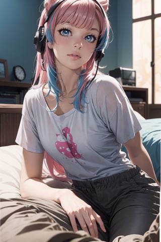 (anime_realistic:1.4),lying down, ahoge, blue hair, hair intakes, multicolored hair, (multicolored eyes, blue eyes:1.1), hot pink hair,, two-tone hair,    shirt, short sleeves, t-shirt, looking at viewer, full body, indoors, (masterpiece:1.2), best quality, high resolution, unity 8k wallpaper, (illustration:0.8), (beautiful detailed eyes:), extremely detailed face, perfect lighting, extremely detailed CG, (perfect hands, perfect anatomy),Realism,perfect,photorealistic, 

A young woman with wild, disheveled hair, synthwave, lost in her own world, listening to music through her headphones, lying on bed, wearing a cargo pants surrounded by a chaotic bedroom background, drawn in the classic 90s anime art style of Naoko Takeuchi with a VHS effect, ,kokomidef