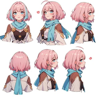 (masterpiece, top quality, best quality, official art, beautiful and aesthetic:1.2),(1girl:1.4) multicolored_eyes, pink hair, ((masterpiece)), absurdres, (multiple expressions:1.4) , yumemi riamu, blue hair, pink hair,cosplay of adventure girl costume, hot pink and blue hair, short hair, blue eyes, (wear light blue, brown, and ocrer:1.5),  , strapless, white blouse, light blue scarf, style genshin impact, , Instagrammable, adorable girl, kawaii,riamu, (turquoise jewelry with gold details, gold details) ,ahoge,,AGGA_ST004 , (hair in the wind,, long scarf,:1.4),, ,solo, smiling, looking at viewer, (white background :1.3), (multiple faces:1.4), ((multiple poses:1.2), (emoji:1.3)