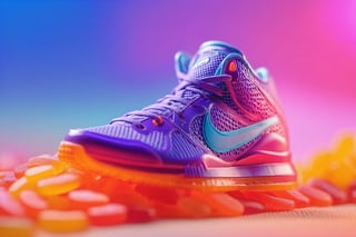 A closeup of one Nike shoe of gummies in the paradise of colored gummies, (perfect candies ovals:1.6), high detailed, a product photography light, full color, subsurface scattering, slim shape, magic background, colors, volumetric light, 3d, good style, 90's, 8k, HD, product photography, good focus, booth, food focus, no humans, (gummiesland:1.8), EpicSky, one shoe, 1shoe, (small gummies:1.1)