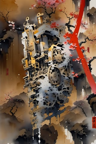 Masterpiece, 8k, dripping paint, chinese ink drawing, chinese ancient engine, mechanical environment, complex_background, sakura_blossoms, 1080P, under moon