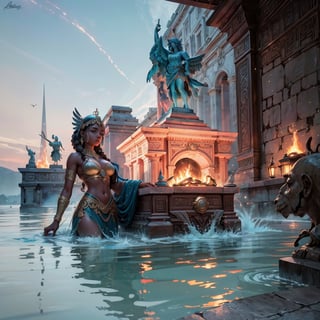 (masterpiece, best quality, ultra-detailed, 8K),high detail,colorfull,temple of athena,pink,disney,epic architecure,pink pillars,ornate,decorate,balast,composite,burning brazier,statue of godess,water reflection,olive garden,volcano,epic,sense of awe,dark_skin_female