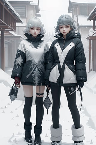 Illustrate two girls with the power of ice, featuring ice-white hair and clothing, set in a snowy landscape. Emphasize (((intricate details))), (((highest quality))), (((extreme detail quality))), and a (((captivating winter composition))). Use a palette of cool blues and whites, drawing inspiration from artists like Artgerm, Sakimichan, and Stanley Lau,midjourney, full body