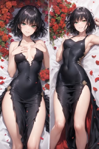 (masterpiece, best quality, ultra detailed), anatomically correct, beautiful face, perfect eyes,
alone, red flower petals on the bed, ((evening dress)), smile, semi open clothes,
full length, on his back, from above, in bed, in the bedroom,
,fubuki