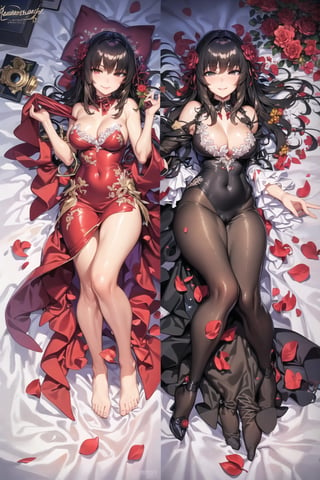(masterpiece, best quality, ultra detailed), anatomically correct, beautiful face, perfect eyes,
((alone)), red flower petals on the bed, ((evening dress)), smille,
full length, on his back, from above, in bed, in the bedroom,
,fubuki,bambietta basterbine,sui1