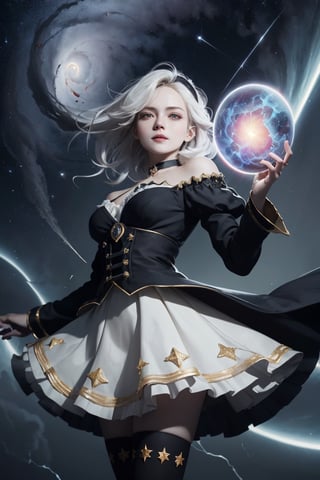 ((masterpiece)), (((best quality))), ((ultra-detailed)), ((illustration)), ((disheveled hair)), beautiful detailed eyes, (1girl:1.2),(solo), dynamic angle, dark magician girl,(black kneehighs:1.1),choker, headband,
(starry tornado:1.4), starry Nebula, ((frills)), beautiful detailed sky, beautiful detailed eyes,evil smile, expressionless,hairs between eyes,  white  hair,pleated skirt,((disreveled hair)),
power pose, energy orb in hand