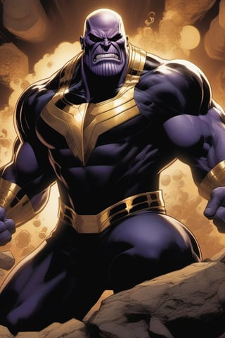 Thanos, imposing anti-hero, action pose, a sleek black symbiotic suit, a monstrous mouth full of sharp teeth, a long tongue, a large white spider symbol on his chest horror, detailed face, Mike deodato style.