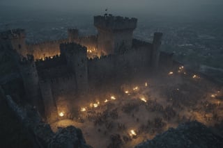 Medieval army besieging castle, Action fx, Cinematic lights, chaos place, Camera from above, 4k, UHD