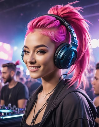 RAW photo of female DJ, 24 years old, skinny, (futuristic DJ set:1.2), bright pink hair, messy ponytail weave hairstyle, detailed headphones, medium smile, (looking at crowd:1.1), (hype atmosphere:1.2), (full DJ set visible:1.3), standing on a stage, (big crowd in background:1.1), (everyone partying:1.2), (masterpiece:1.3), (best_quality:1.3), (ultra_detailed:1.3), 8k, extremely_clear, realism, (ultrarealistic:1.3), cinematic lighting, highres, professional color grading, film grain, [(ultrarealistic:1.2):(adobe lightroom:1.2):0.3], 