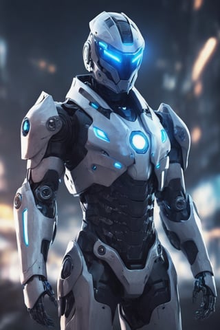 solo, blue eyes, 1boy, upper body, male focus, armor, blurry, blurry background, glowing, helmet, robot, mecha, science fiction, cable, humanoid robot