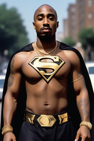 Tupac Wears gold and black Superhero Cloth, flying like superman,Extremely Realistic , Wrote T on his chest