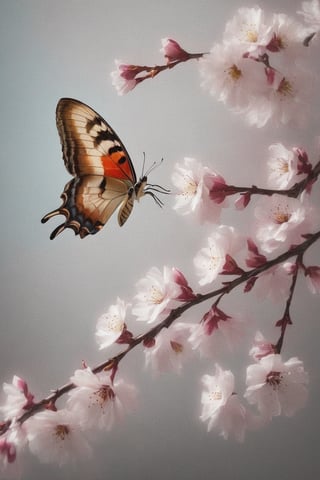 A butterfly landing on a blooming cherry branch
