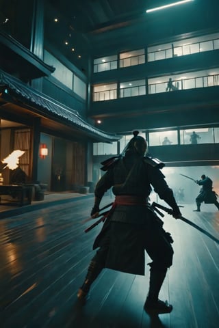 Modern Samurais Attacking into the 2077 Hotel with Katana, Cinematic Scene, 4k