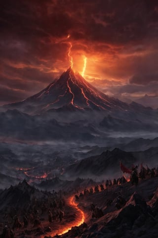 Mordor's dark landscape stretches out before a sea of snarling, snapping Orcs, their tusked faces twisted in savage devotion as they raise crude arms and war-cry 'Sauron!' to the foreboding, crimson-tinged skies. The fiery glow of Mount Doom casts an ominous light upon their ritualistic gathering, as if the very land itself trembles with malevolent energy.