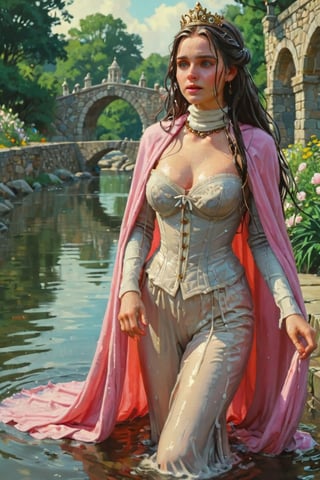 feforrest, otoko no ko, beret, pink capelet,(Analog style),turtleneck, masterpiece, best quality, ((wet robe)), choker,(corset), stone bridge, lake,crown, white ((wet ornate ballgown)), windswept amazing wet long hair,4k,( bokeh),absurdres, professional majestic oil painting by Ed Blinkey, Atey Ghailan, Studio Ghibli, by Jeremy Mann, Greg Manchess, Antonio Moro, trending on ArtStation, trending on CGSociety, trending on deviantart, Intricate, High Detail, Sharp focus, dramatic, photorealistic painting art , Greg Rutkowski,(concept art from tangled),((beautiful faces, soakingwetclothes, wet clothes, wet hair, wet skin, :1.3)),soakingwetclothes,, wet skin, wet face, wet robe,, face focused
,soakingwetclothes,art_booster,indian,OnlySaree_Style,saree,saree influencer