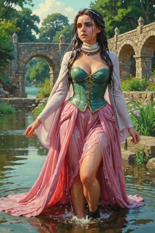 feforrest, otoko no ko, beret, pink capelet,(Analog style),turtleneck, masterpiece, best quality, ((wet robe)), choker,(corset), stone bridge, lake,crown, white ((wet ornate ballgown)), windswept amazing wet long hair,4k,( bokeh),absurdres, professional majestic oil painting by Ed Blinkey, Atey Ghailan, Studio Ghibli, by Jeremy Mann, Greg Manchess, Antonio Moro, trending on ArtStation, trending on CGSociety, trending on deviantart, Intricate, High Detail, Sharp focus, dramatic, photorealistic painting art , Greg Rutkowski,(concept art from tangled),((beautiful faces, soakingwetclothes, wet clothes, wet hair, wet skin, :1.3)),soakingwetclothes,, wet skin, wet face, wet ballgown, boots, wet robe, layered longskirt, face focused
,soakingwetclothes,art_booster,indian,OnlySaree_Style,saree,saree influencer