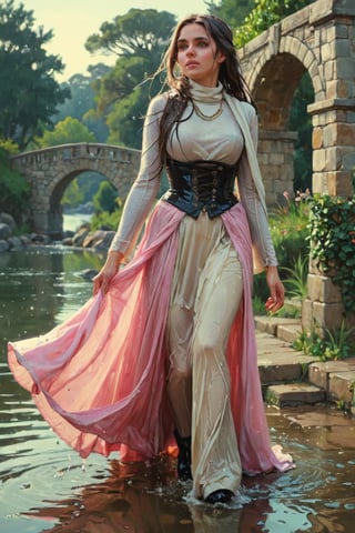 feforrest, otoko no ko, beret, pink capelet,(Analog style),turtleneck, masterpiece, best quality, ((robe)), choker,(corset), stone bridge, lake,crown, white ((ornate ballgown)), windswept amazing long hair,4k,( bokeh),absurdres, professional majestic oil painting by Ed Blinkey, Atey Ghailan, Studio Ghibli, by Jeremy Mann, Greg Manchess, Antonio Moro, trending on ArtStation, trending on CGSociety, trending on deviantart, Intricate, High Detail, Sharp focus, dramatic, photorealistic painting art , Greg Rutkowski,(concept art from tangled),((beautiful faces, soakingwetclothes, wet clothes, wet hair, wet skin, :1.3)),soakingwetclothes,, wet skin, wet face, wet ballgown, boots, wet robe, layered longskirt, face focused
,soakingwetclothes,art_booster,indian,OnlySaree_Style,saree,saree influencer