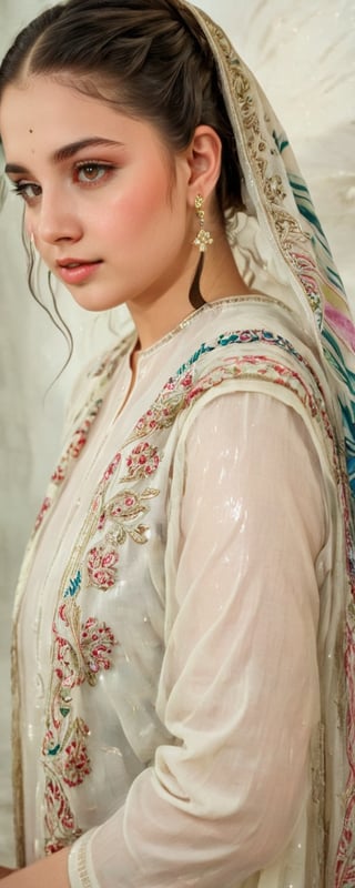 (best quality,8K,highres,masterpiece,raw image), ultra-detailed, featuring a beautiful young wet woman adorned in a realistic detailed wet long embroidery designer  dress shirts shawl that emits a soft, ethereal light. Her flowy black chignon wet hair appears to be infused with the same radiant wet glow. eye contact,kind wet smile, lipgloss, The well lit backdrop consists of glowing grapes, colorful,colorful,soakingwetclothes,Pakistani dress