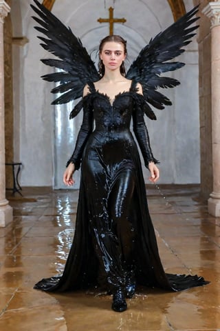 A girl wearing a long black wedding dress, church, baroque style, detailed feathers, huge wings, full body, big scene, super realistic, boots , soakingwetclothes, wet clothes, wet hair, wet skin, wet, soaked , wet face.face focused