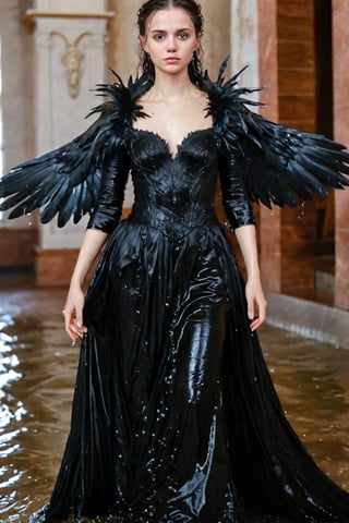 A girl wearing a long black wedding dress, church, baroque style, detailed feathers, huge wings, big scene, super realistic, soakingwetclothes, wet clothes, wet hair, wet skin, wet, soaked , wet face.face focused