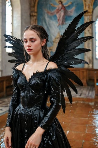 A girl wearing a long black wedding dress, church, baroque style, detailed feathers, huge wings, big scene, super realistic, soakingwetclothes, wet clothes, wet hair, wet skin, wet, soaked , wet face.face focused