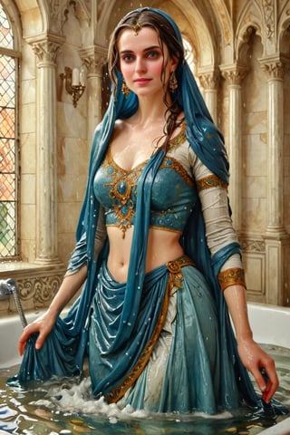 masterpiece, best quality, ultra high resolution, visually stunning, beautiful, award-winning art (abstract art: 1.3), beautiful )))A FULL-LENGTH very detalied full leghn , A anime a very beutifful female medieval warhammer style noble smile,, Watercolor, trending on artstation, sharp focus, Indoor photo, white tiles background, intricate details, highly detailed, by greg rutkowski ,more detail XL, shawl,   wet hair, (bathing in royal bathroom), ((wet clothes, victorian ballgown, ,((heavy rain, beautiful faces, soakingwetclothes, wet clothes, wet hair, wet skin, clothes cling to skin, submerged in tub:1.3)),soakingwetclothes,, wet skin, wet face, wet robe,, face focused , soakingwetclothes,art_booster,indian,OnlySaree_Style,,hoopdress,Pakistani dress,saree,saree influencer,saree model